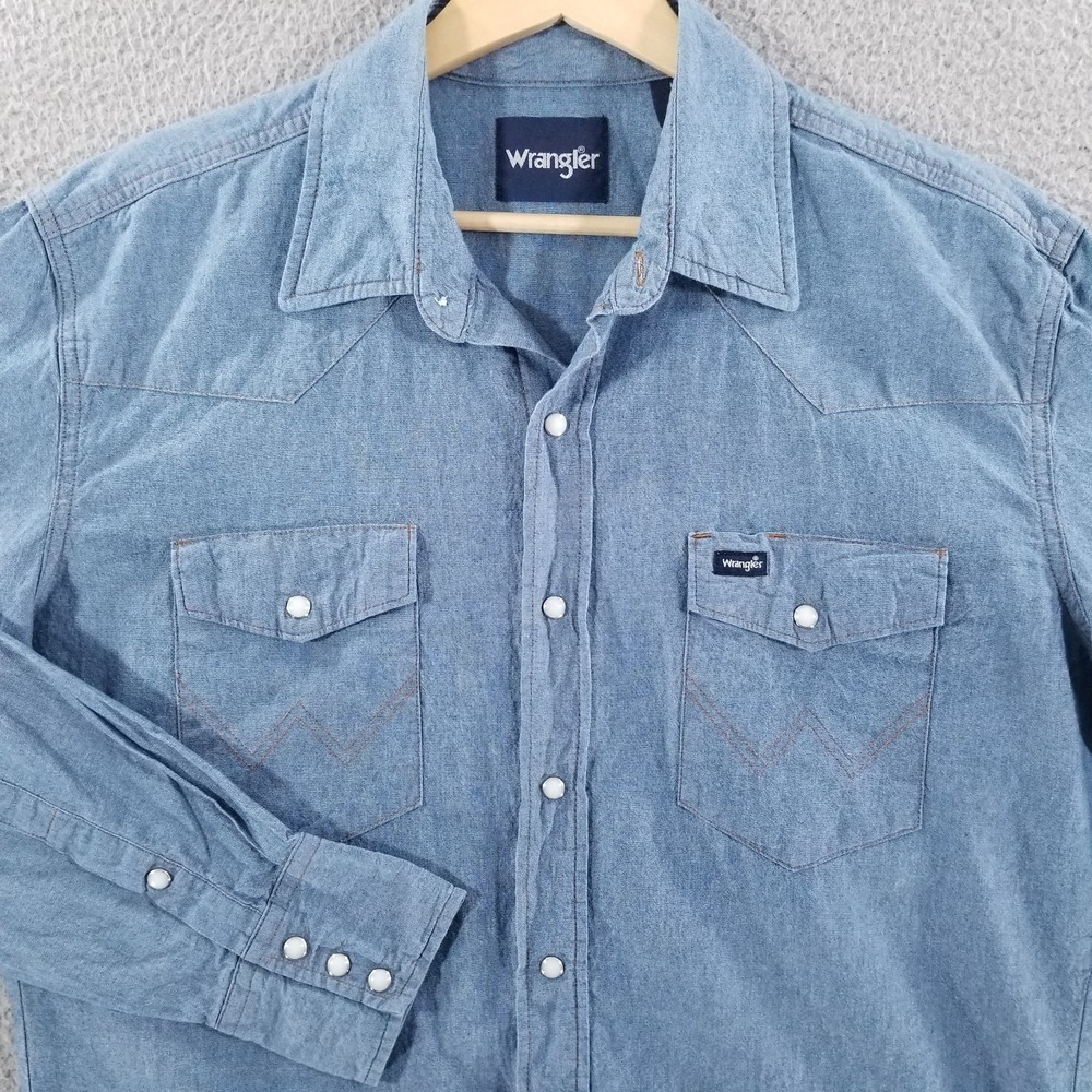 Wrangler Pearl Snap Shirt Mesn Large Blue Chambray Western Workwear Rodeo Denim